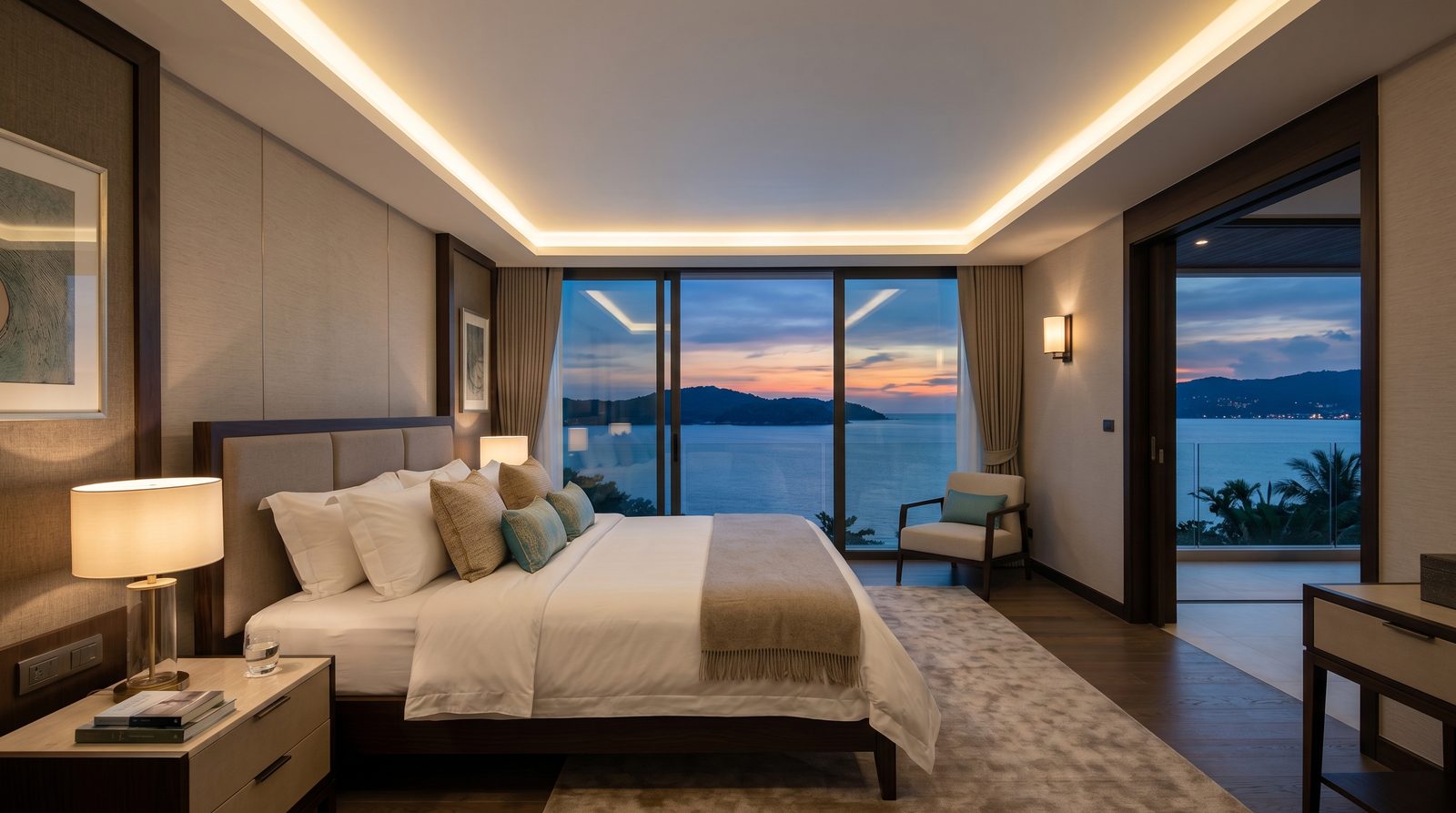 Спальня в condo Rawai с парящим натяжным потолком