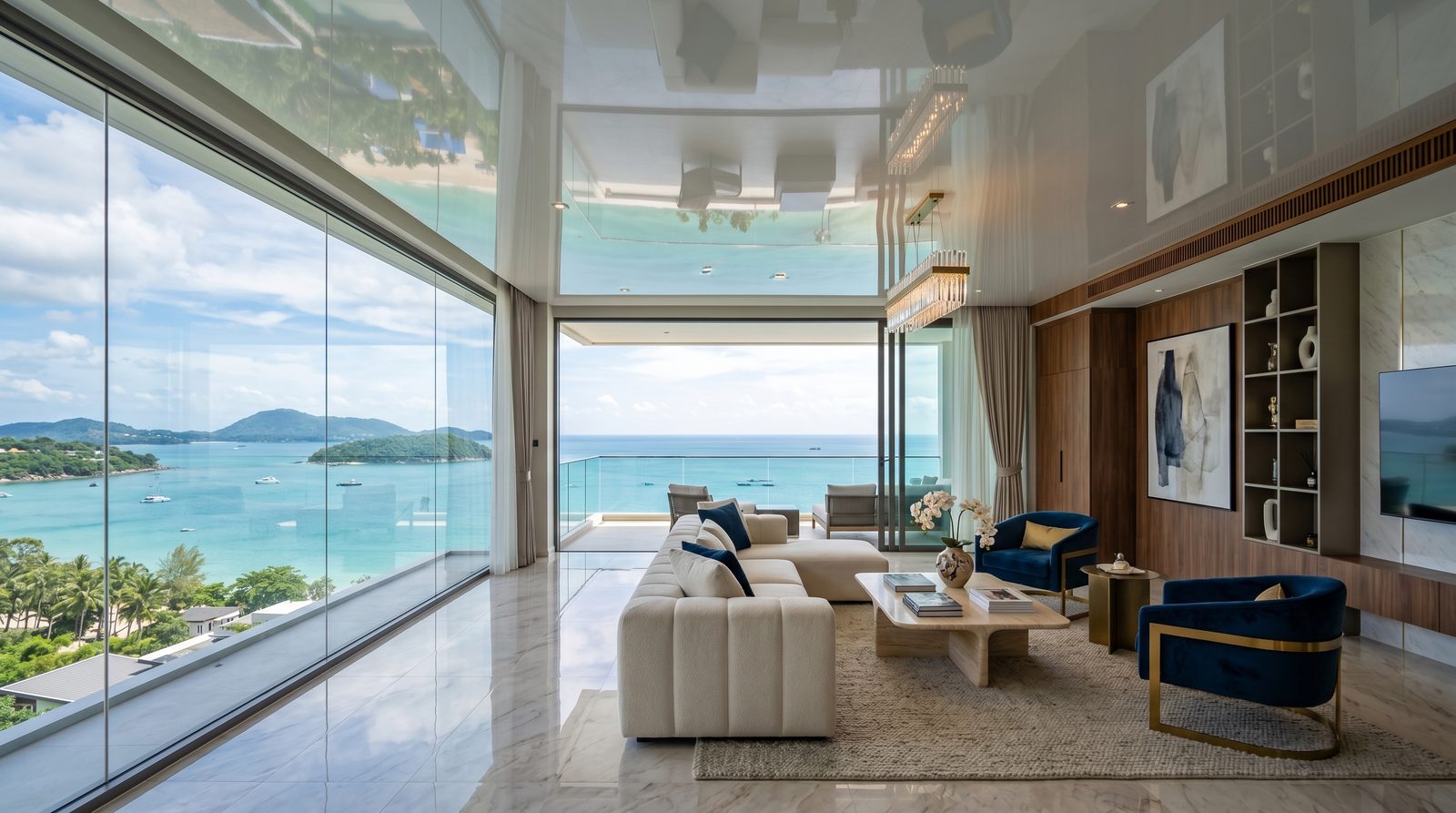 Гостиная в condo Patong с глянцевым потолком и видом на море