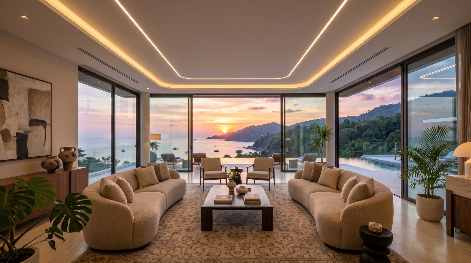 Гостиная на вилле Bang Tao со световыми линиями